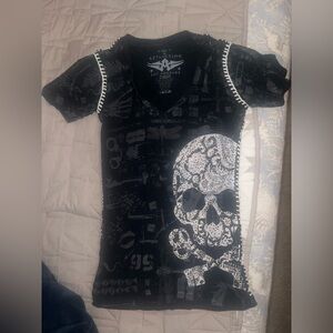 Affliction Shirt Skull Rhinestons Black Womens Small